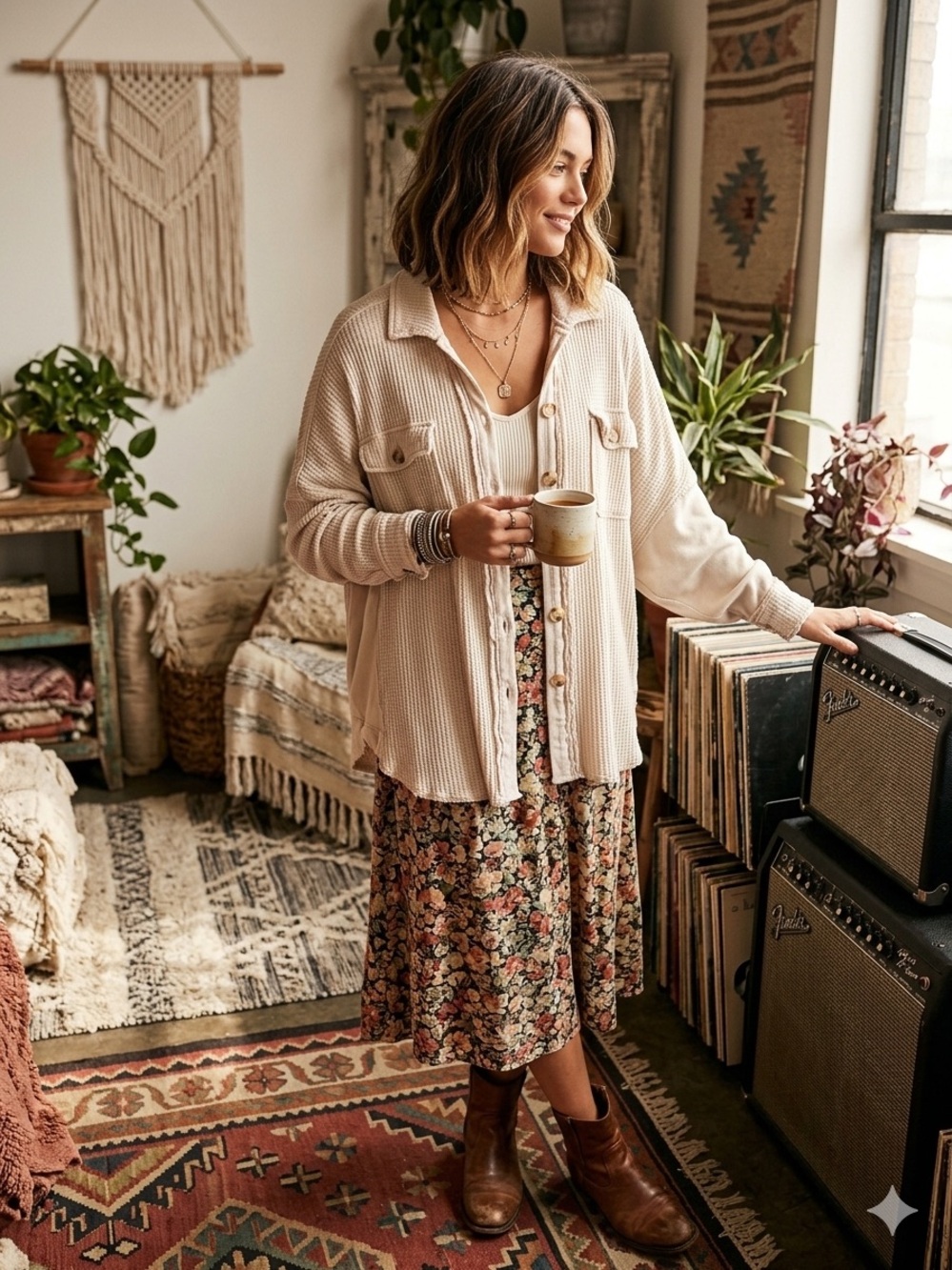 Free People Cream Waffle Knit Button-Up Jacket
